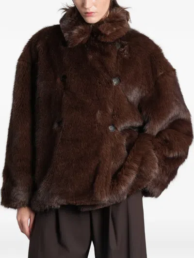 The Latest Emma Double-breasted Faux-fur Coat In Brown