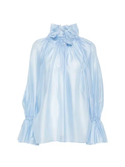 The Latest Sheer Ruffled High-neck Blouse In Blue
