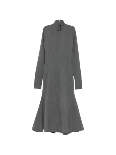 The Latest High-neck Flared-hem Midi Dress In Gray