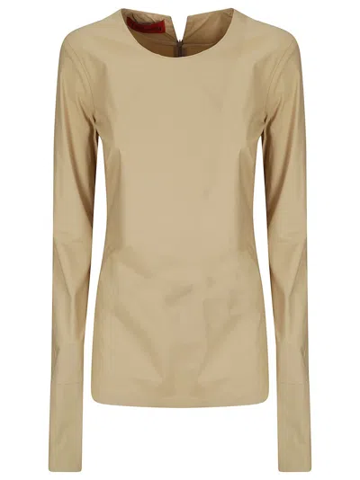 The Latest Long-sleeve Stretch Cotton Top With Flared Hem In Beige