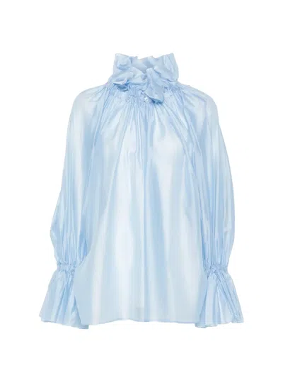 The Latest Ruffled-neck Blouson-sleeve Shirt In Blue