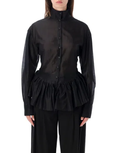 The Latest Sheer High Neck Button-front Peplum Blouse In Nero