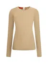 The Latest Long-sleeve Stretch Cotton Top With Flared Hem In Beige