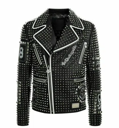 Pre-owned The Leather Souq Men's Full Black Studded Embroidered Patches Biker Leather Punk Fashion Jacket