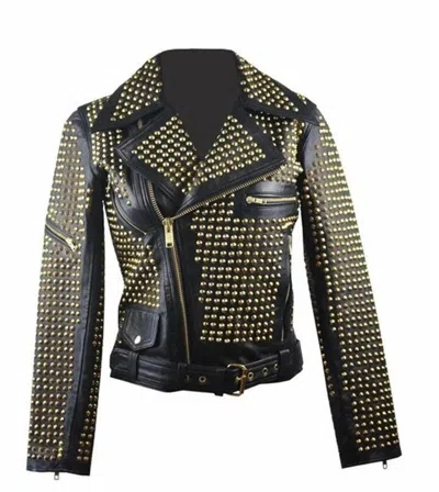 Pre-owned The Leather Souq Woman Black Full Golden Studded Leather Jacket, Ladies Cowhide Leather Jacket