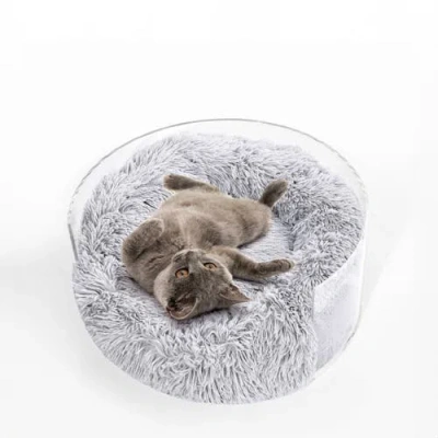 The Licker Store Bette 20.75" X 20.75" Small/medium Modern Lucite Calming Fluffy Donut Pet Bed With  In Transparent