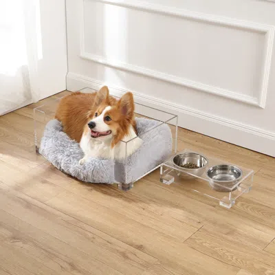 The Licker Store Billie 24" X 15.75" Pet Bed & 4" Elevated Feeder, Light Gray/clear (set Of 2) In Multi