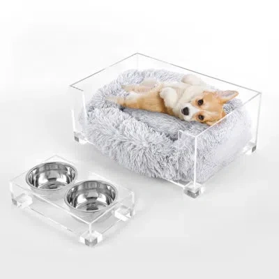The Licker Store Billie Lucite Calming Fluffy Pet Bed With Washable Cushion And Elevated Pet Feeder With 2 Bowls In Gray