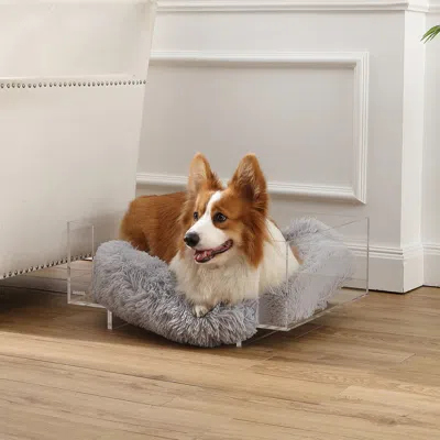 The Licker Store Carole 24" X 18" Modern Lucite Pet Bed, Light Gray/clear, Washable Cushion