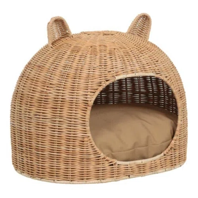 The Licker Store Cat Ear Water Hyacinth Pet Bed With Machine-washable Cushion In Brown