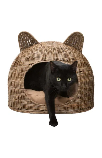 The Licker Store Cat Ear Water Hyacinth Pet Bed With Machine-washable Cushion In Brown