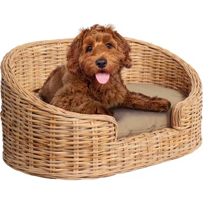 The Licker Store Curvy Classic Handwoven Rattan Pet Bed With Machine-washable Cushion In Brown