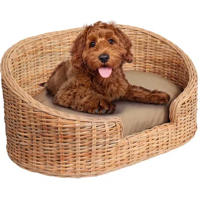 The Licker Store Curvy Classic Handwoven Rattan Pet Bed With Machine-washable Cushion In Brown