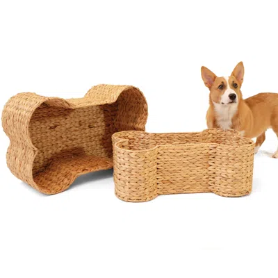 The Licker Store Digby Bone-shaped Large Hand Woven Water Hyacinth Nesting Pet Toy Organizer Baskets In Brown