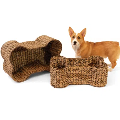 The Licker Store Digby Bone-shaped Large Hand Woven Water Hyacinth Nesting Pet Toy Organizer Baskets In Brown