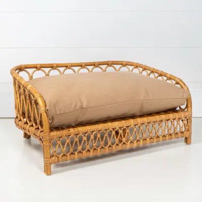 The Licker Store Elevated 27.5" X 17" Bohemian Handwoven Rattan Dog Daybed With Machine-washable Cushion, Natural In White