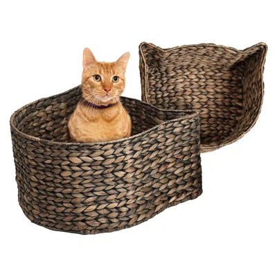 The Licker Store Felix Cat-shaped Hand Woven Water Hyacinth Nesting Pet Toy Organizer Baskets In Brown