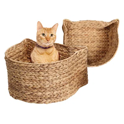 The Licker Store Felix Cat-shaped Hand Woven Water Hyacinth Nesting Pet Toy Organizer Baskets In White