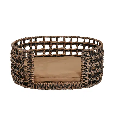 The Licker Store Gigi Modern Bohemian Handwoven Hyacinth Open-weave Oval Pet Bed With Machine-washable Cushion In Brown