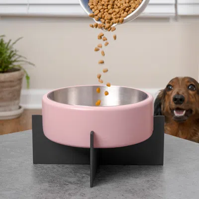 The Licker Store Intersecta Small/medium Concrete And Stainless Steel Bowl 16oz (2 Cups) With Metal Stand Pet Feeder, In Pink