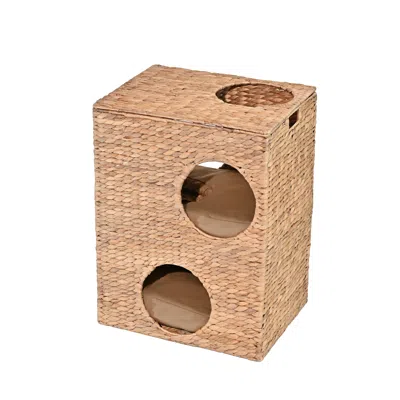 The Licker Store Jaxon Modern Classic 2-tier Handwoven Hyacinth Rectangular 5-hole Cat Condo With 2 Machine-washable  In White