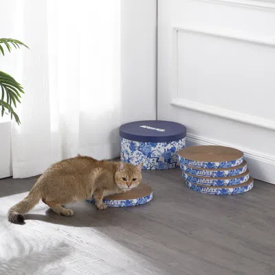 The Licker Store Kate 12" Modern Patterned Cardboard Reversible Cat Scratcher Pad In Box With Catnip, Blue/white (5-p