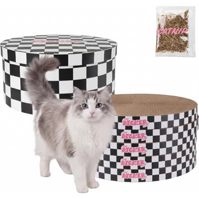 The Licker Store Kate Modern Patterned Cardboard Reversible Cat Scratcher Pad In Box With Catnip In Checker Black/white