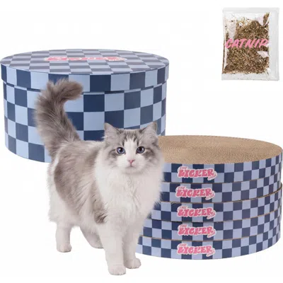 The Licker Store Kate Modern Patterned Cardboard Reversible Cat Scratcher Pad In Box With Catnip In Navy/blue