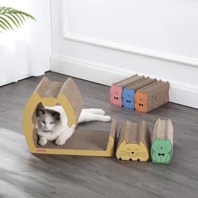 The Licker Store Kazoku 15.63" Modern Cardboard 5-in-1 Family Cat Cave Scratcher With Catnip And Pull-out Design, Mul In Multi