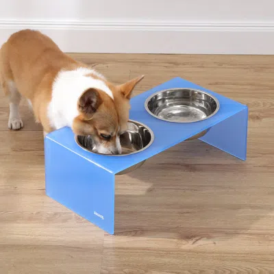 The Licker Store Keaton Modern Acrylic Rectangular Elevated Pet Feeder 2-stainless Steel Bowls In Blue