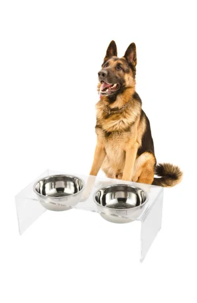 The Licker Store Keaton Modern Lucite Rectangular Elevated Pet Feeder With 2-stainless Steel Bowls In White