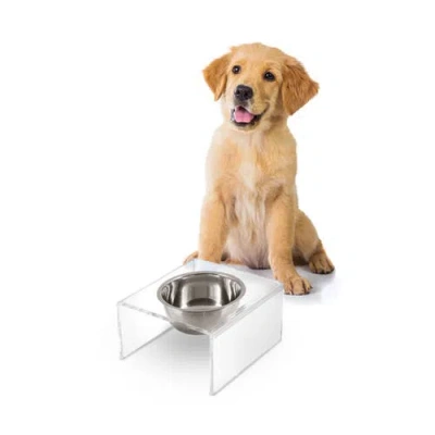 The Licker Store Keaton Modern Lucite Rectangular Elevated Pet Feeder With 2-stainless Steel Bowls In White