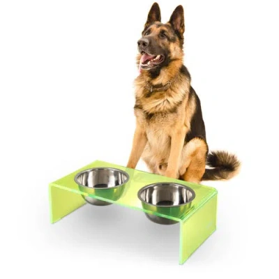 The Licker Store Keaton Modern Lucite Rectangular Elevated Pet Feeder With 2-stainless Steel Bowls In Green