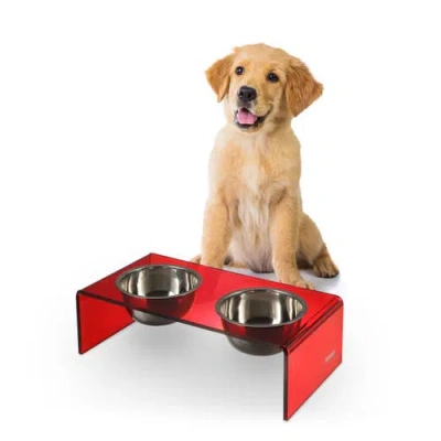 The Licker Store Keaton Modern Lucite Rectangular Elevated Pet Feeder With 2-stainless Steel Bowls In Red