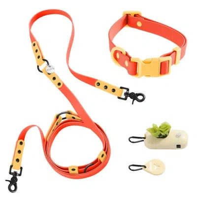 The Licker Store Luna 8ft Adjustable 6-in-1 Waterproof Hands-free Leash And Collar With Led Flashlight In Dark Orange,light Orange