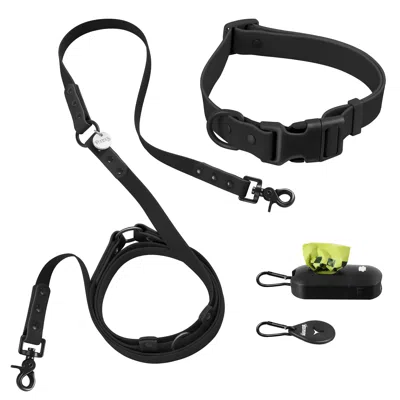 The Licker Store Luna Small Adjustable 6-in-1 Waterproof Hands-free Leash And Collar With Led Flashlight, Bag Dispens In Black
