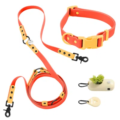 The Licker Store Luna Small Adjustable 6-in-1 Waterproof Hands-free Leash And Collar With Led Flashlight, Bag Dispens In Orange