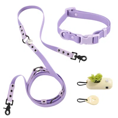 The Licker Store Luna Small Adjustable 6-in-1 Waterproof Hands-free Leash And Collar With Led Flashlight, Bag Dispens In Purple
