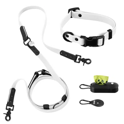 The Licker Store Luna Small Adjustable 6-in-1 Waterproof Hands-free Leash And Collar With Led Flashlight, Bag Dispens In White
