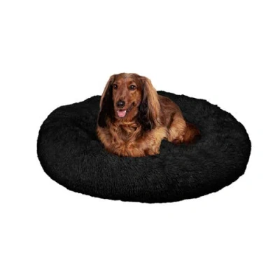 The Licker Store Maisie Bohemian Glam Faux Fur Round Fluffy Calming Donut Pet Bed With Washable Cove In Black
