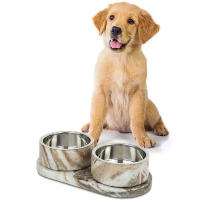 The Licker Store Marbre Modern Weighted Double Marble And Stainless Steel Bowl Feeder With Non-slip  In Beige/gray