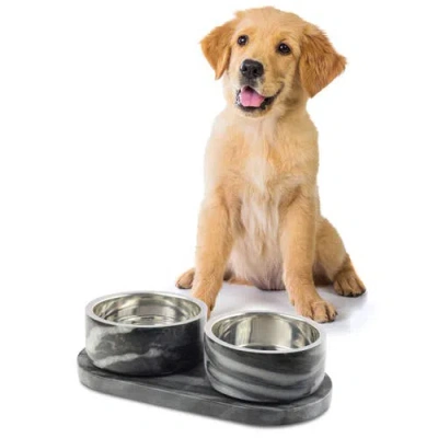 The Licker Store Marbre Modern Weighted Double Marble And Stainless Steel Bowl Feeder With Non-slip  In Black/white