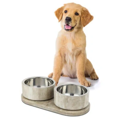 The Licker Store Marbre Modern Weighted Double Marble And Stainless Steel Bowl Feeder With Non-slip  In Gray/brown