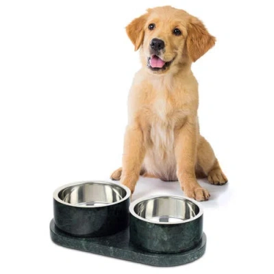 The Licker Store Marbre Modern Weighted Double Marble And Stainless Steel Bowl Feeder With Non-slip  In Green
