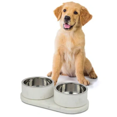 The Licker Store Marbre Modern Weighted Double Marble And Stainless Steel Bowl Feeder With Non-slip  In White