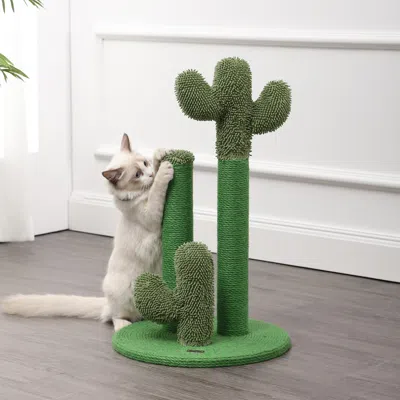 The Licker Store Marfa 25.25" Modern Jute Triple-cactus Cat Scratching Post With Fuzzy Toy, Green