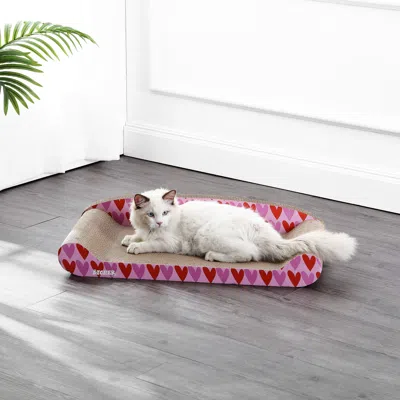 The Licker Store Montego 27.5" Coastal Patterned Cardboard Lounge Bed Cat Scratcher With Catnip, Pink/red In Multi