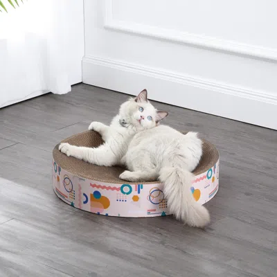 The Licker Store Nelson 20.13" Modern Cardboard Round Bowl Cat Scratcher With Catnip, Light Pink/multi