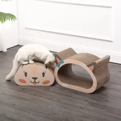 The Licker Store Opal 19" Modern Cardboard Happy Cat Head 2-in-1 Cat Cave Scratcher With Built-in Bell Toys And Catni In Brown