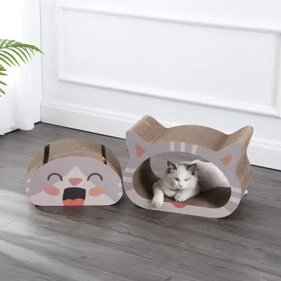 The Licker Store Opal 19" Modern Cardboard Happy Cat Head 2-in-1 Cat Cave Scratcher With Built-in Bell Toys And Catni In Brown